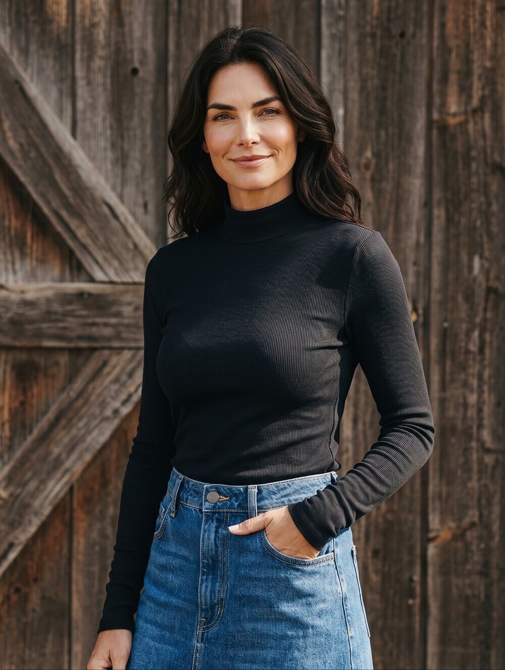 Babaton Black Ribbed Mock-Neck Long Sleeve Sweater